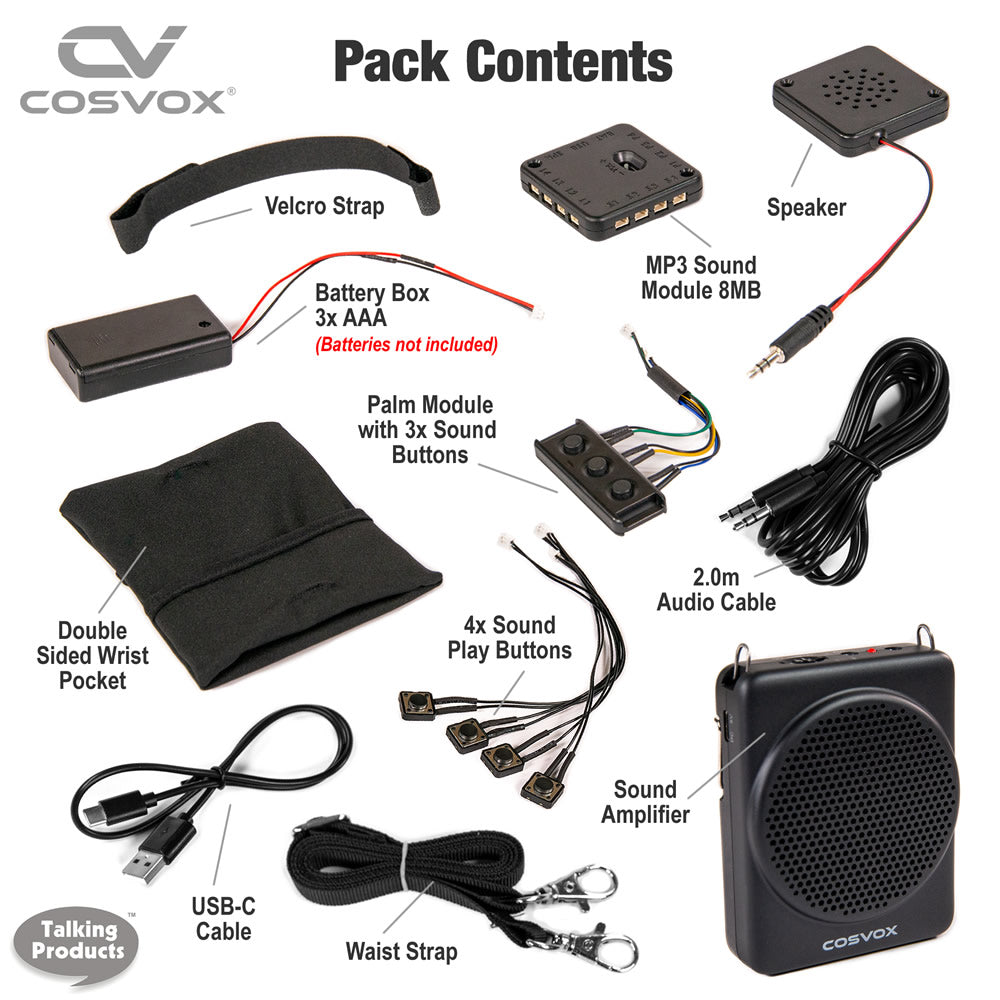 COSVOX Cosplay Epic Sound Bundle. Pack Contents includes MP3 Sound Chip Module, Sound Glove Module, Sound Amplifier and all associated accessories